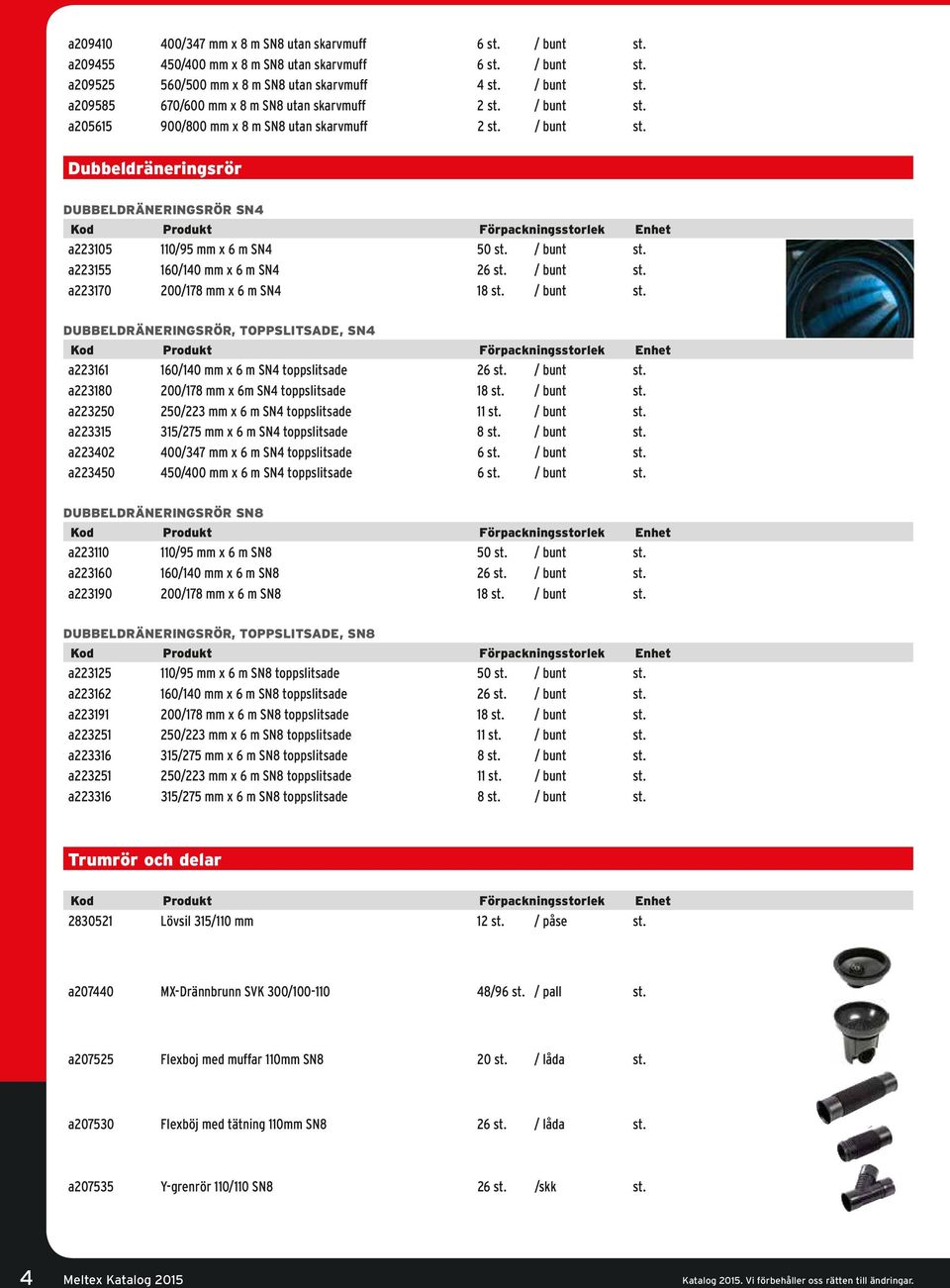 / bunt st. a223170 200/178 mm x 6 m SN4 18 st. / bunt st. DUBBELDRÄNERINGSRÖR, TOPPSLITSADE, SN4 a223161 160/140 mm x 6 m SN4 toppslitsade 26 st. / bunt st. a223180 200/178 mm x 6m SN4 toppslitsade 18 st.