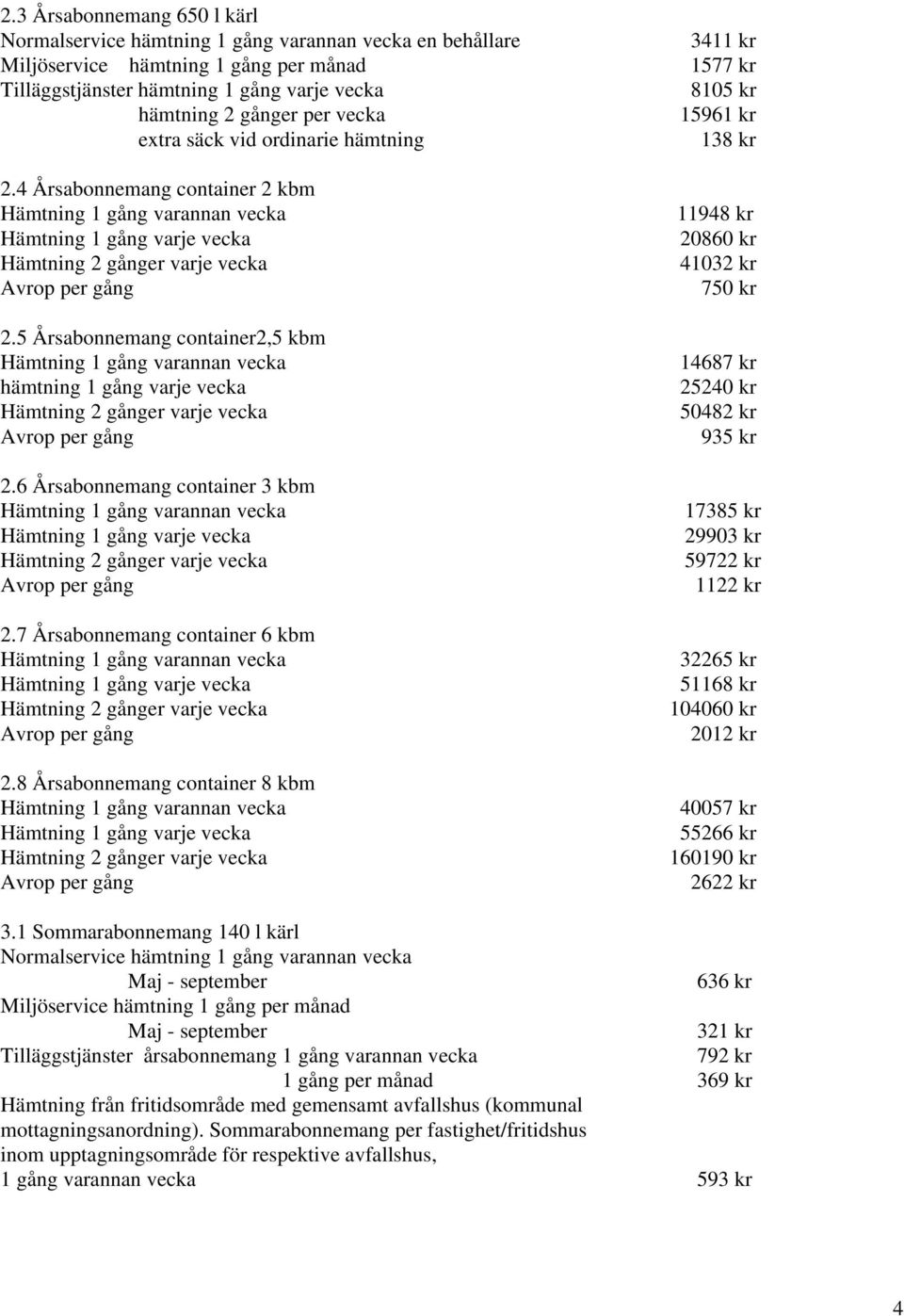 6 Årsabonnemang container 3 kbm Hämtning 1 gång varje vecka 2.7 Årsabonnemang container 6 kbm Hämtning 1 gång varje vecka 2.