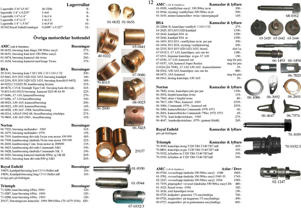 199:- 01-0474, bussning kamaxel slät twins 260:- 01-1654, bussning kamaxel med krage Twins 375:- Bussningar 29-2141, bussning kam C10 C10L C11 C11G C12 200:- 65-0441, B31 B33 M20 M21 M33, bussning