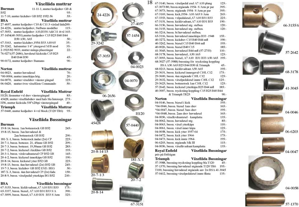 35:- 29-3242, halsmutter 1/4 yttergavel M/B mod 35:- 2-1925/82-9033, mutter många placeringar 22:- 76-0271(57-2686), huvdaxel kicksida C15 B25 B40 B44 B50 45:- 90-0172, mutter kedjedrev Bantams 90:-