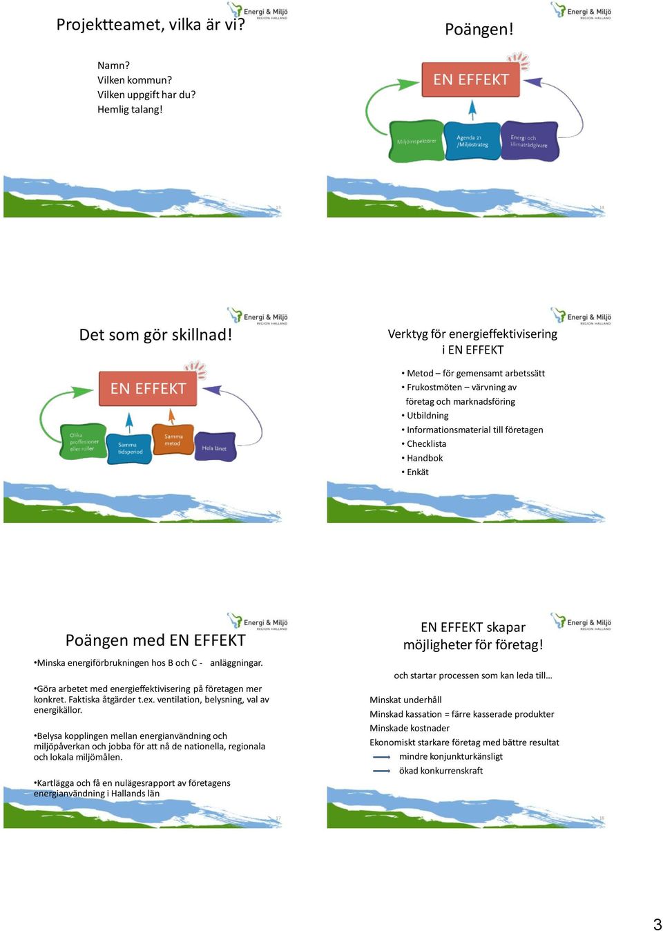 Enkät 15 Poängen med EN EFFEKT Minska energiförbrukningen hos B och C - anläggningar. Göra arbetet med energieffektivisering på företagen mer konkret. Faktiska åtgärder t.ex.