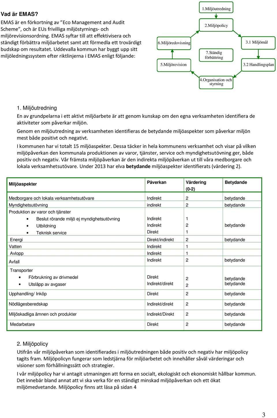 Uddevalla kommun har byggt upp sitt miljöledningssystem efter riktlinjerna i EMAS enligt följande: 6.Miljöredovisning 1.Miljöutredning 2.Miljöpolicy 7.Ständig förbättring 3.1 Miljömål 5.
