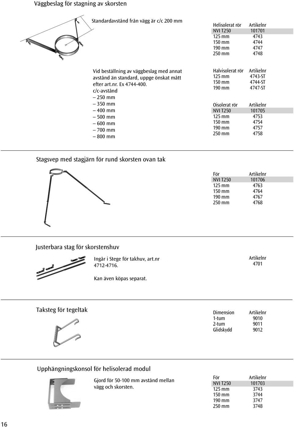 c/c-avstånd 250 mm 350 mm 400 mm 500 mm 600 mm 700 mm 800 mm Halvisolerat rör 125 mm 4743-ST 150 mm 4744-ST 190 mm 4747-ST Oisolerat rör NVI T250 101705 125 mm 4753 150 mm 4754 190 mm 4757 250 mm