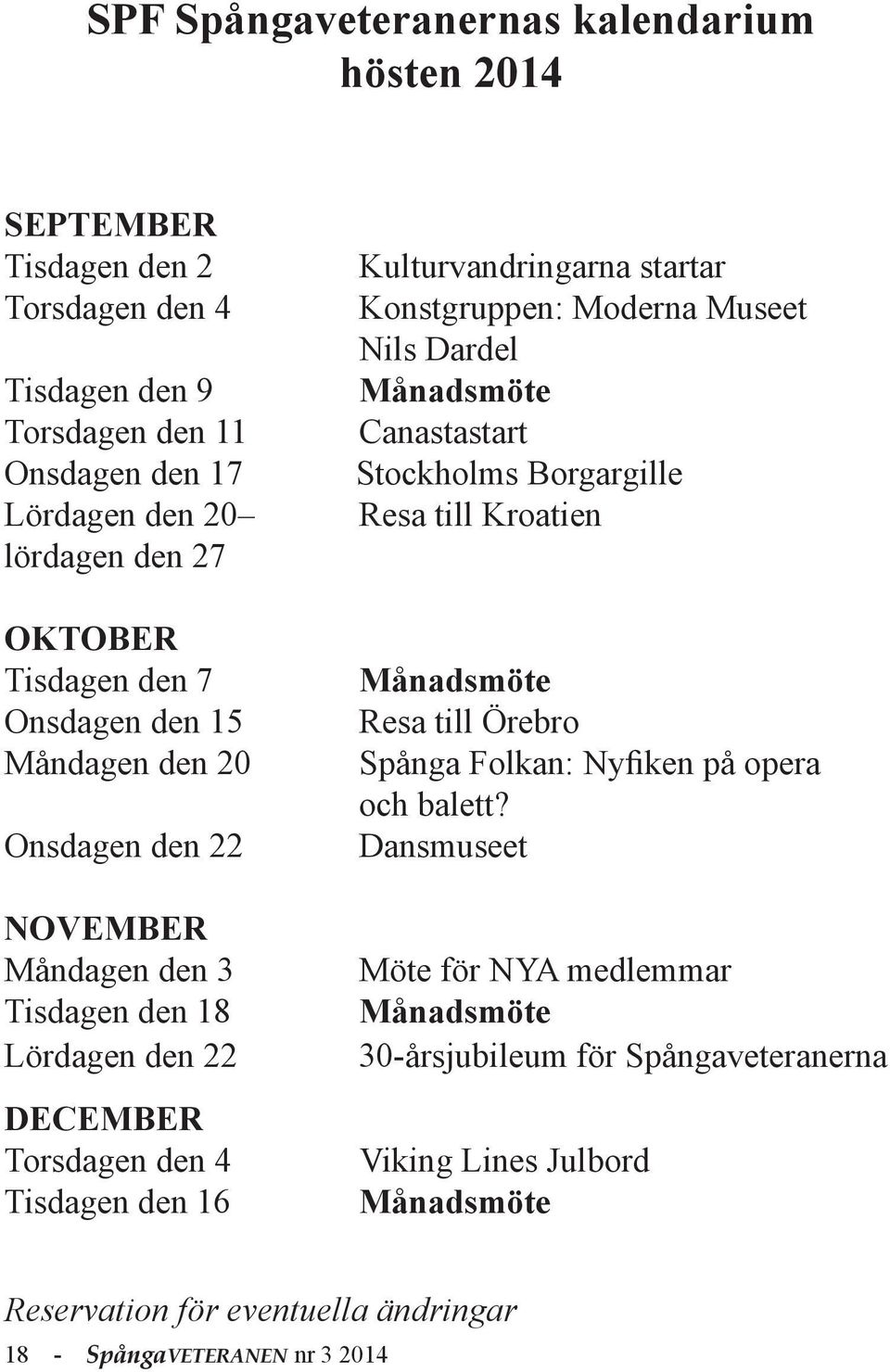 startar Konstgruppen: Moderna Museet Nils Dardel Månadsmöte Canastastart Stockholms Borgargille Resa till Kroatien Månadsmöte Resa till Örebro Spånga Folkan: Nyfiken på opera och