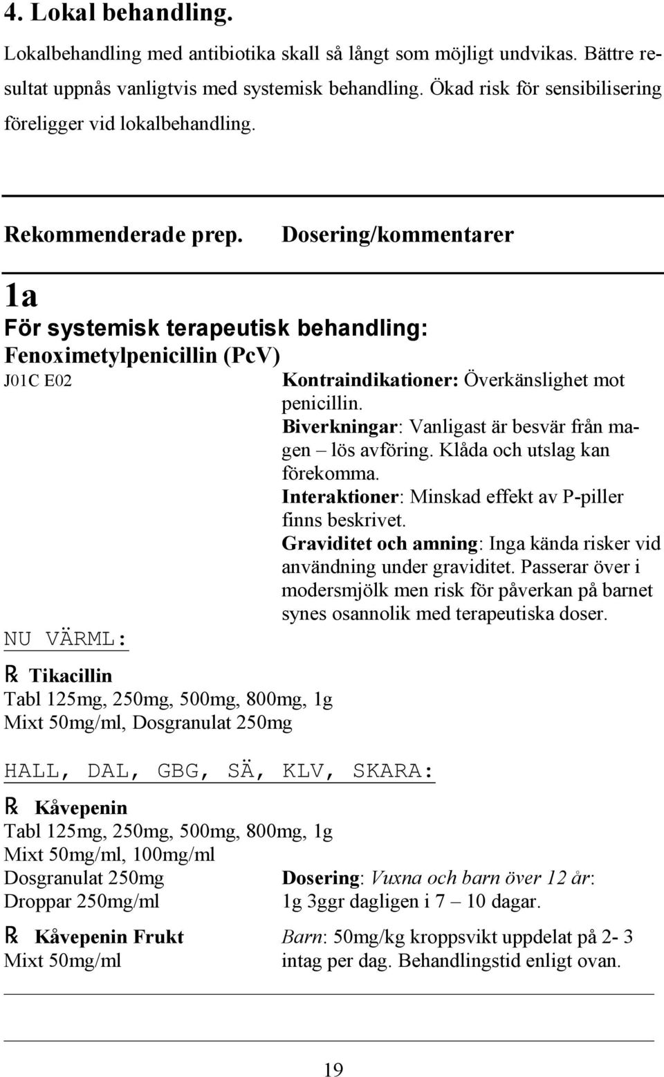 Dosering/kommentarer 1a För systemisk terapeutisk behandling: Fenoximetylpenicillin (PcV) J01C E02 Kontraindikationer: Överkänslighet mot penicillin.