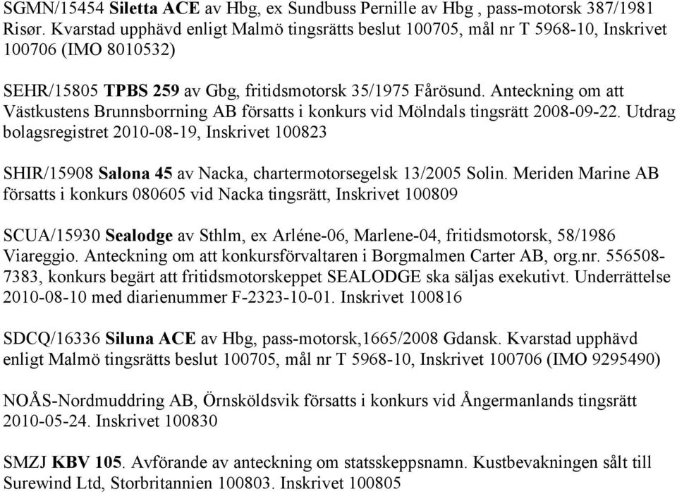 Anteckning om att Västkustens Brunnsborrning AB försatts i konkurs vid Mölndals tingsrätt 2008-09-22.