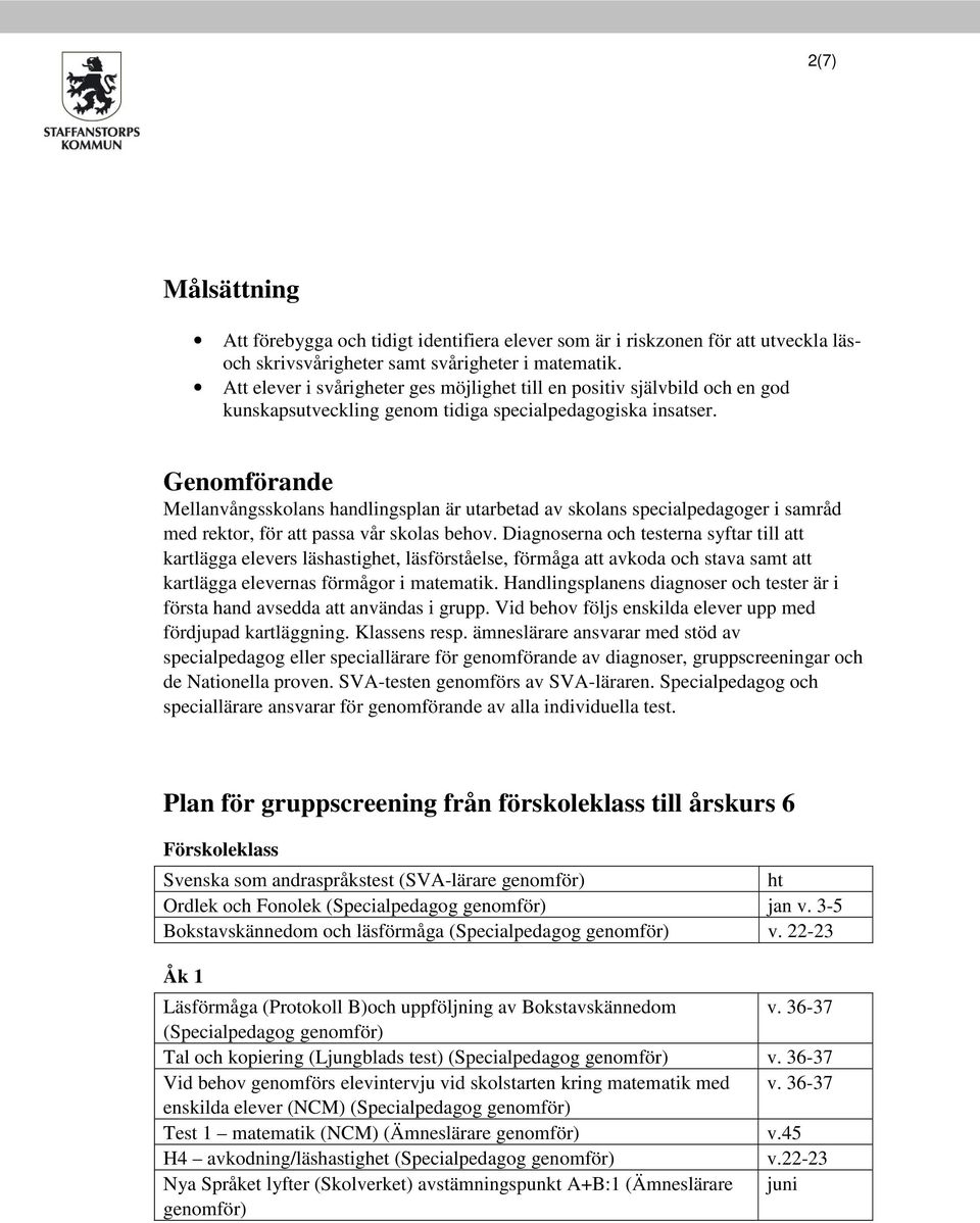 Genomförande Mellanvångsskolans handlingsplan är utarbetad av skolans specialpedagoger i samråd med rektor, för att passa vår skolas behov.