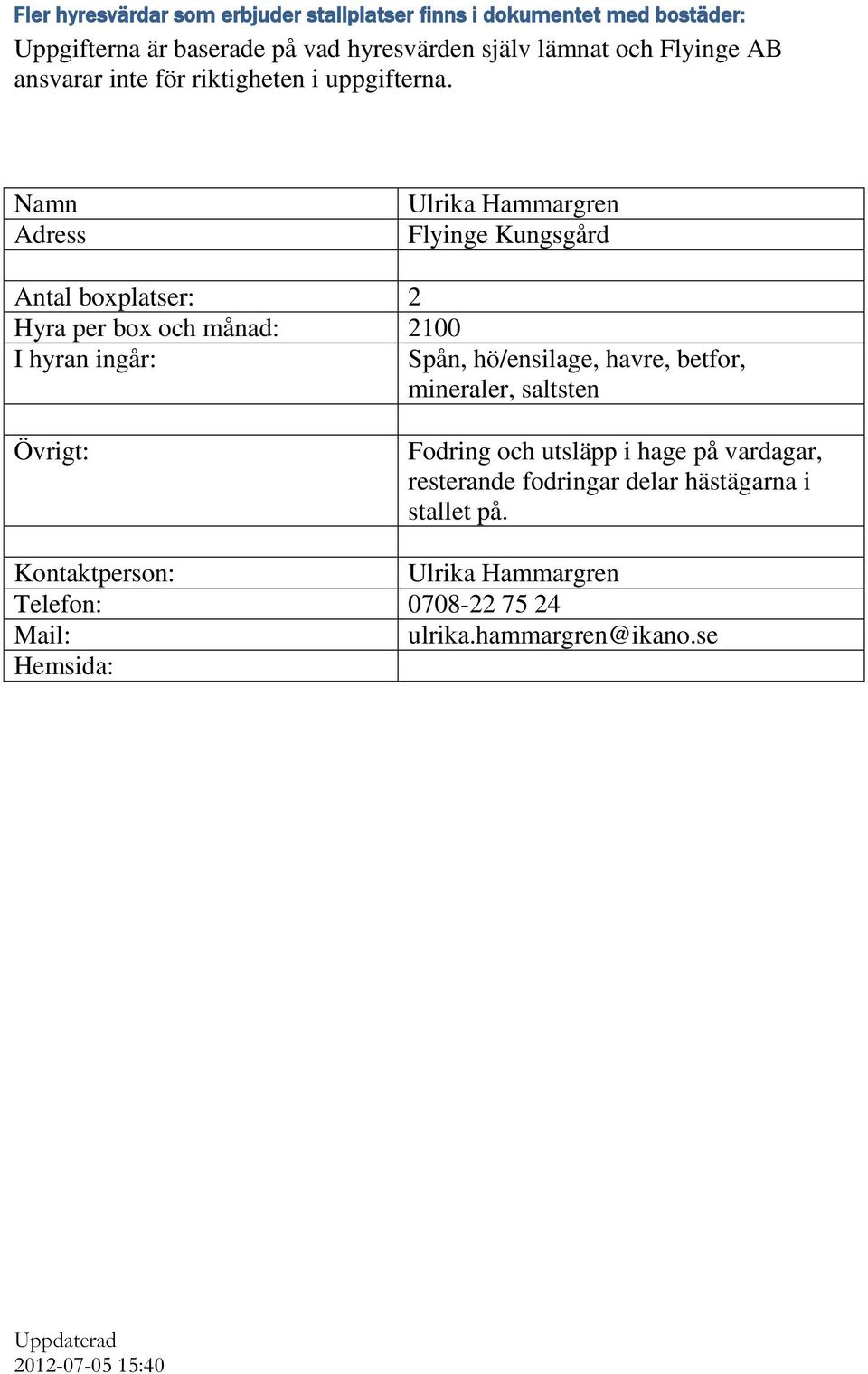 Namn Ulrika Hammargren Flyinge Kungsgård Antal boxplatser: 2 Hyra per box och månad: 2100 Spån, hö/ensilage, havre, betfor,