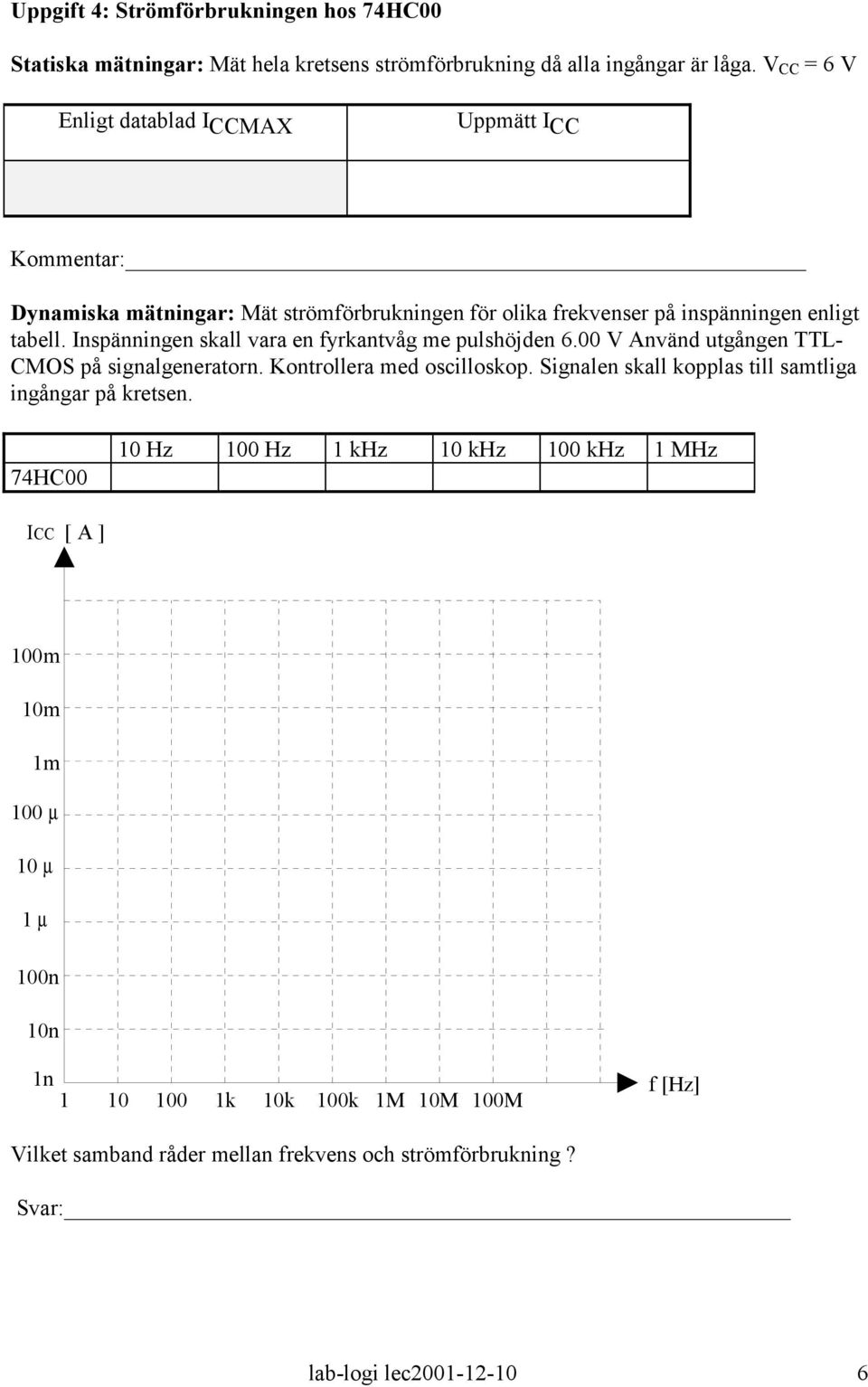 Inspänningen skall vara en fyrkantvåg me pulshöjden 6.00 V Använd utgången TTL- CMOS på signalgeneratorn. Kontrollera med oscilloskop.