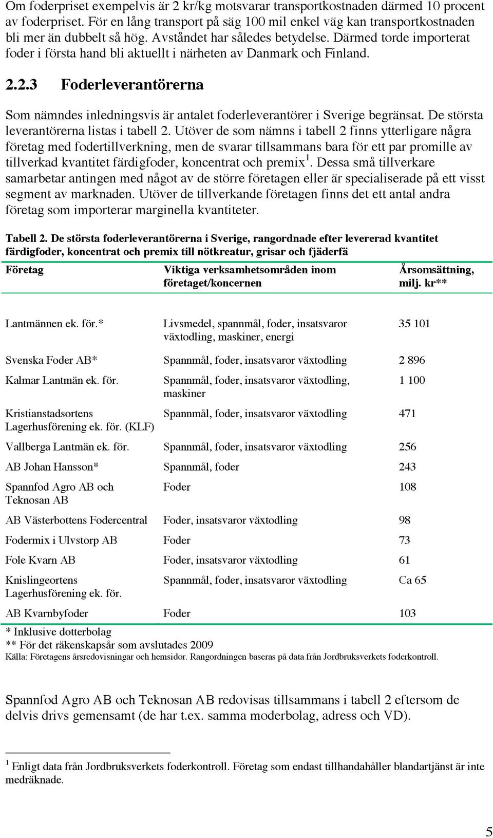 2.3 Foderleverantörerna Som nämndes inledningsvis är antalet foderleverantörer i Sverige begränsat. De största leverantörerna listas i tabell 2.