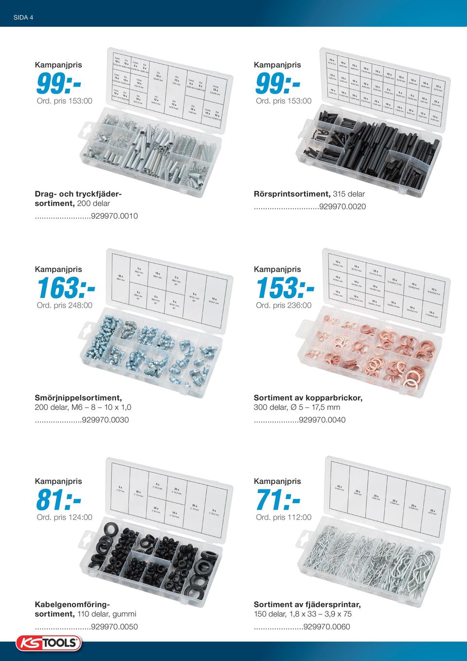 pris 236:00 163:- 153:- Smörjnippelsortiment, 200 delar, M6 8 10 x 1,0 Sortiment av kopparbrickor, 300 delar, Ø 5 17,5 mm.