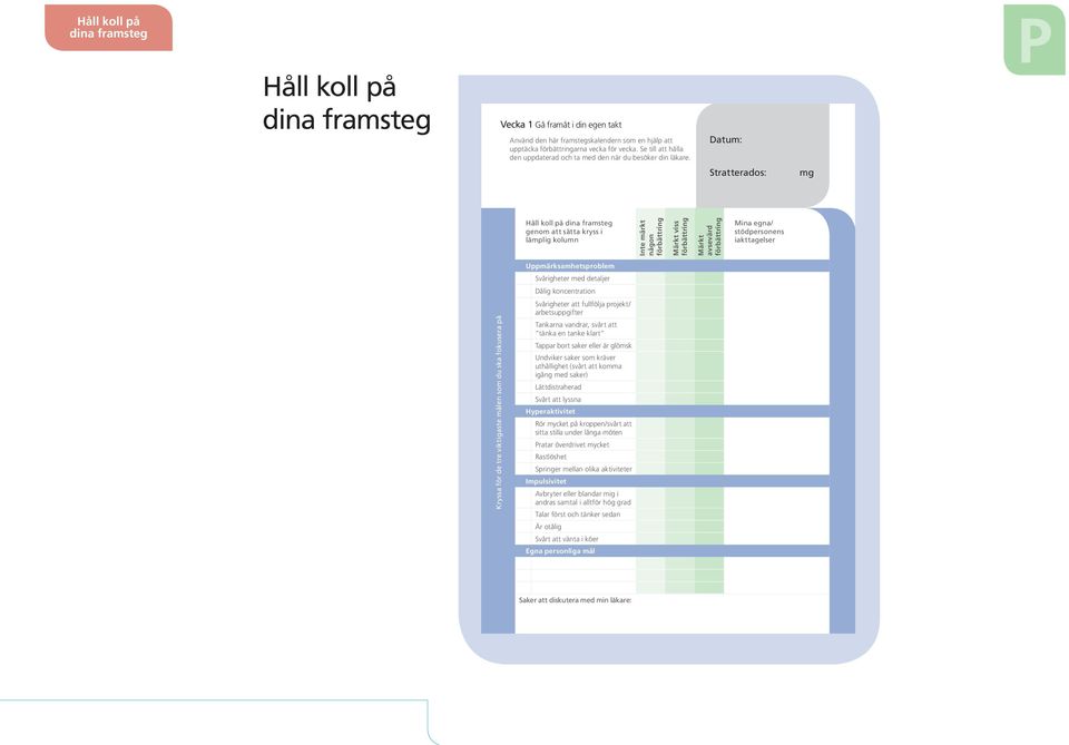 Datum: Stratterados: mg Håll koll på dina framsteg genom att sätta kryss i lämplig kolumn Inte märkt någon förbättring Märkt viss förbättring Märkt avsevärd förbättring Mina egna/ stödpersonens