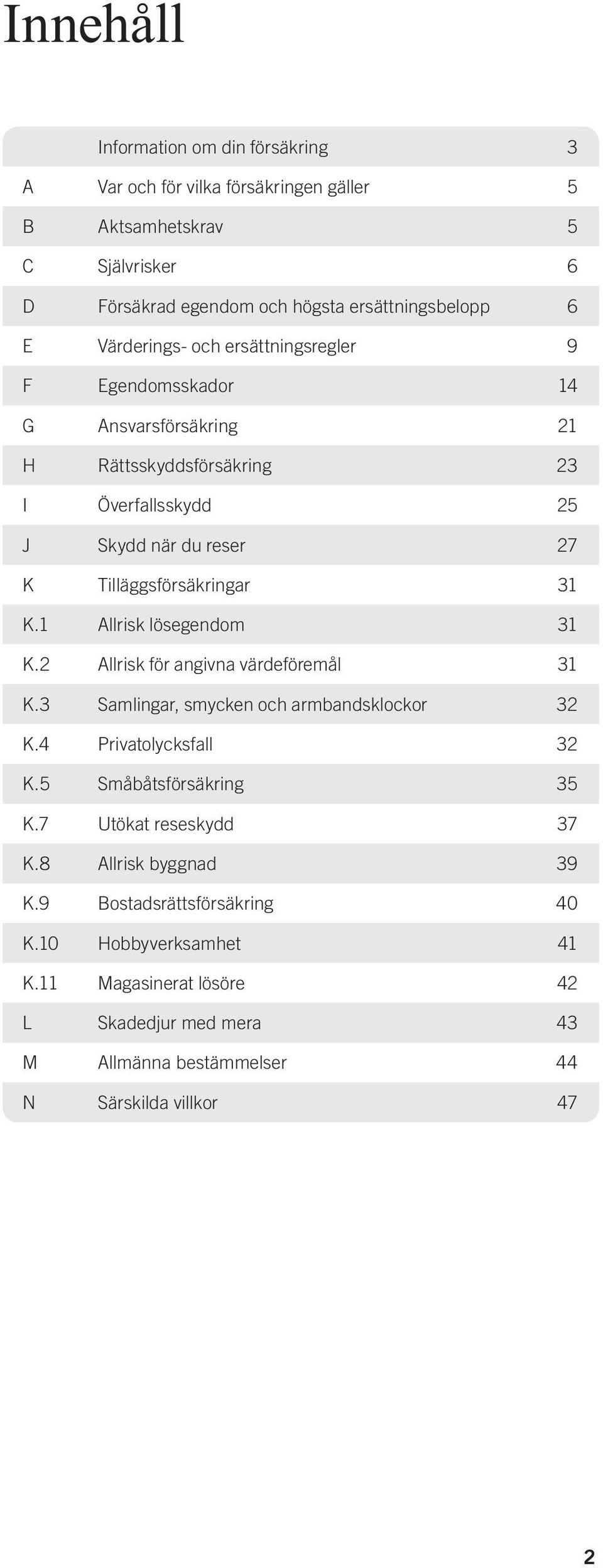 1 Allrisk lösegendom 31 K.2 Allrisk för angivna värdeföremål 31 K.3 Samlingar, smycken och armbandsklockor 32 K.4 Privatolycksfall 32 K.5 Småbåtsförsäkring 35 K.