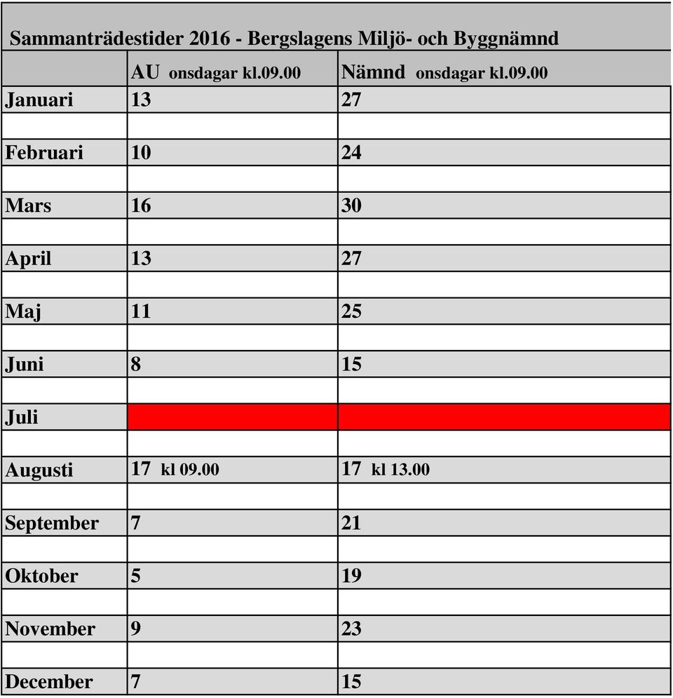 00 Nämnd 00 Januari 13 27 Februari 10 24 Mars 16 30 April 13 27