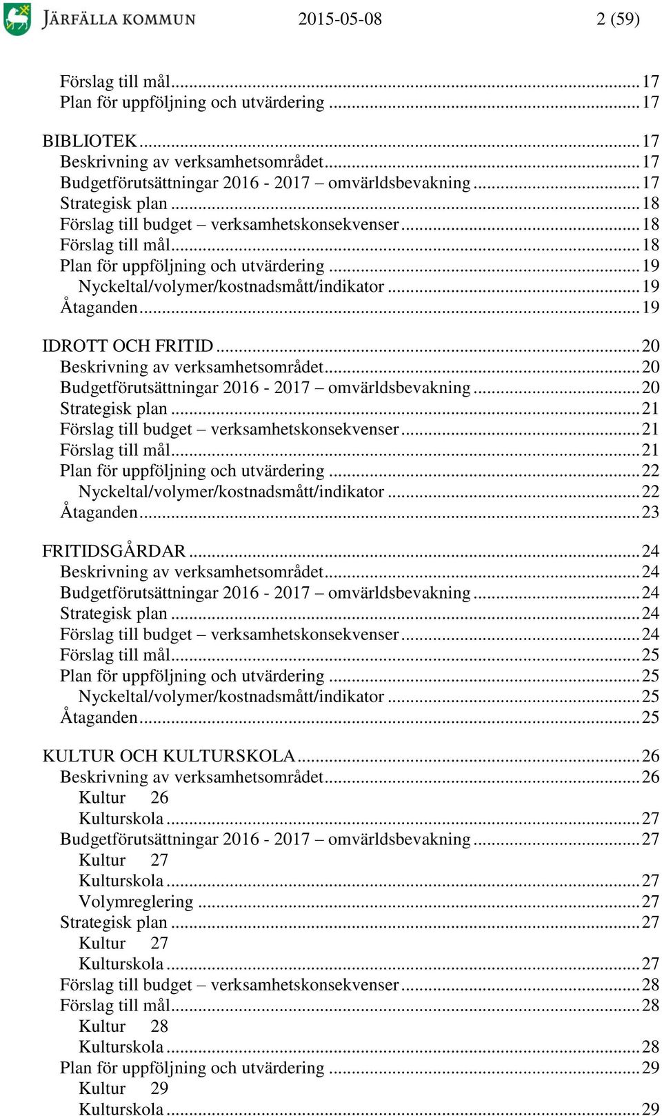 .. 19 IDROTT OCH FRITID... 20 Beskrivning av verksamhetsområdet... 20 Budgetförutsättningar 2016-2017 omvärldsbevakning... 20 Strategisk plan... 21 Förslag till budget verksamhetskonsekvenser.