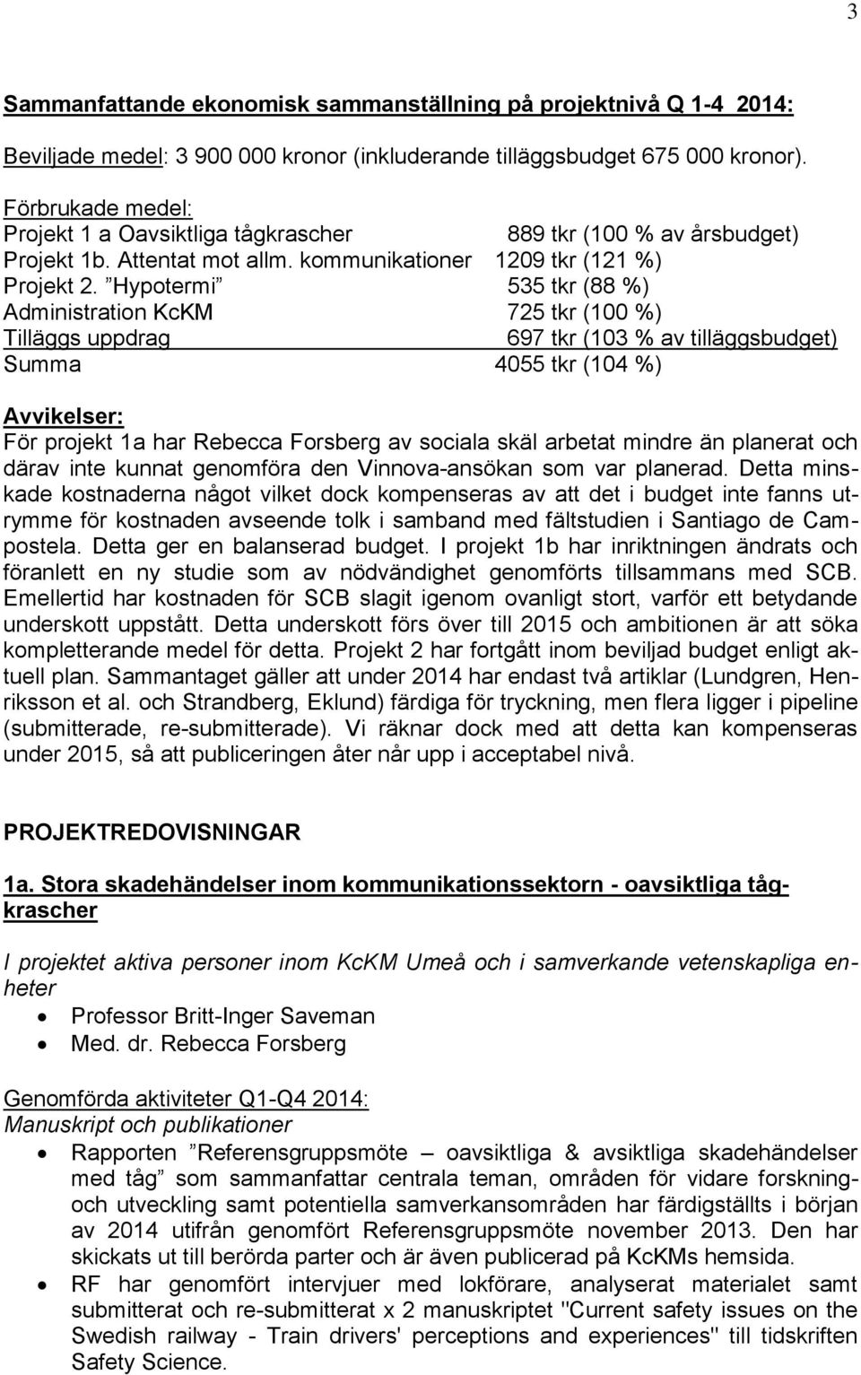 Hypotermi 535 tkr (88 %) Administration KcKM 725 tkr (100 %) Tilläggs uppdrag 697 tkr (103 % av tilläggsbudget) Summa 4055 tkr (104 %) Avvikelser: För projekt 1a har Rebecca Forsberg av sociala skäl