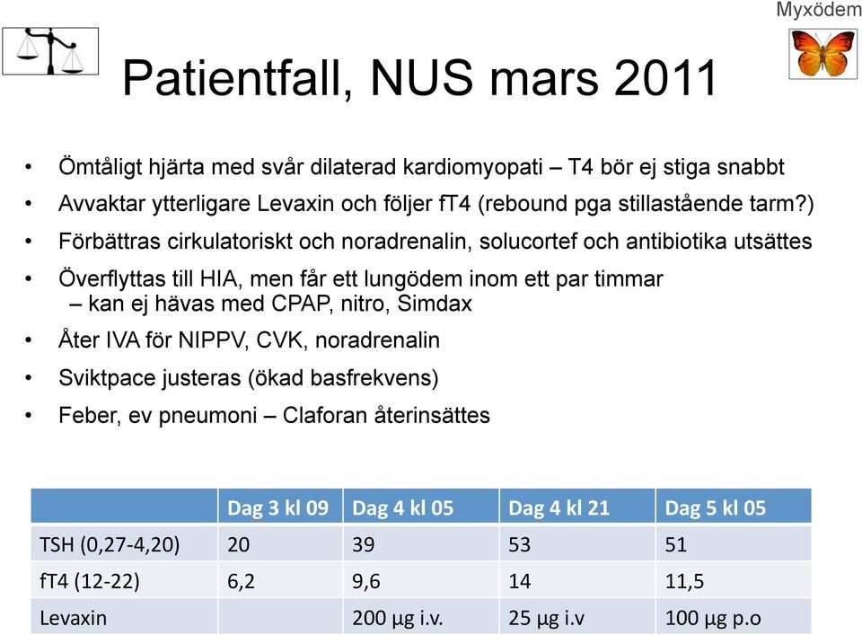 ) Förbättras cirkulatoriskt och noradrenalin, solucortef och antibiotika utsättes Överflyttas till HIA, men får ett lungödem inom ett par timmar kan ej hävas