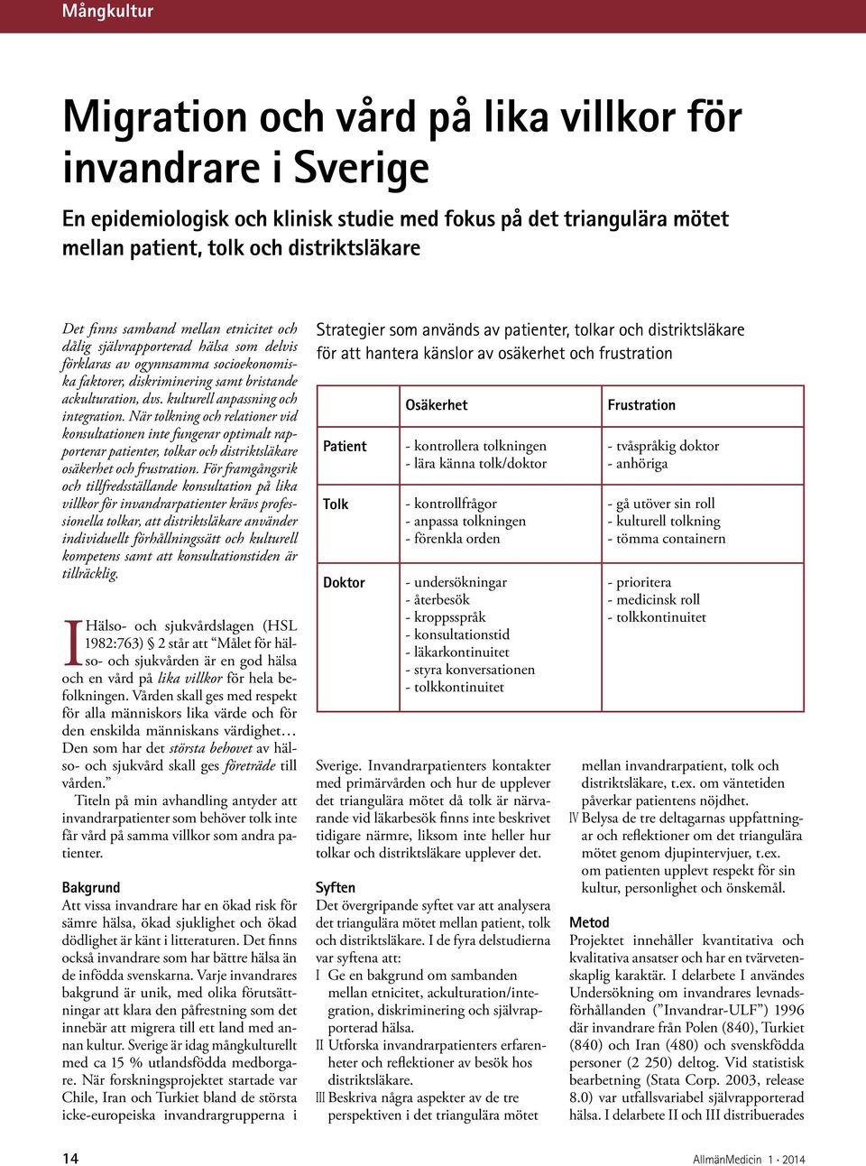 kulturell anpassning och integration. När tolkning och relationer vid konsultationen inte fungerar optimalt rapporterar patienter, tolkar och distriktsläkare osäkerhet och frustration.