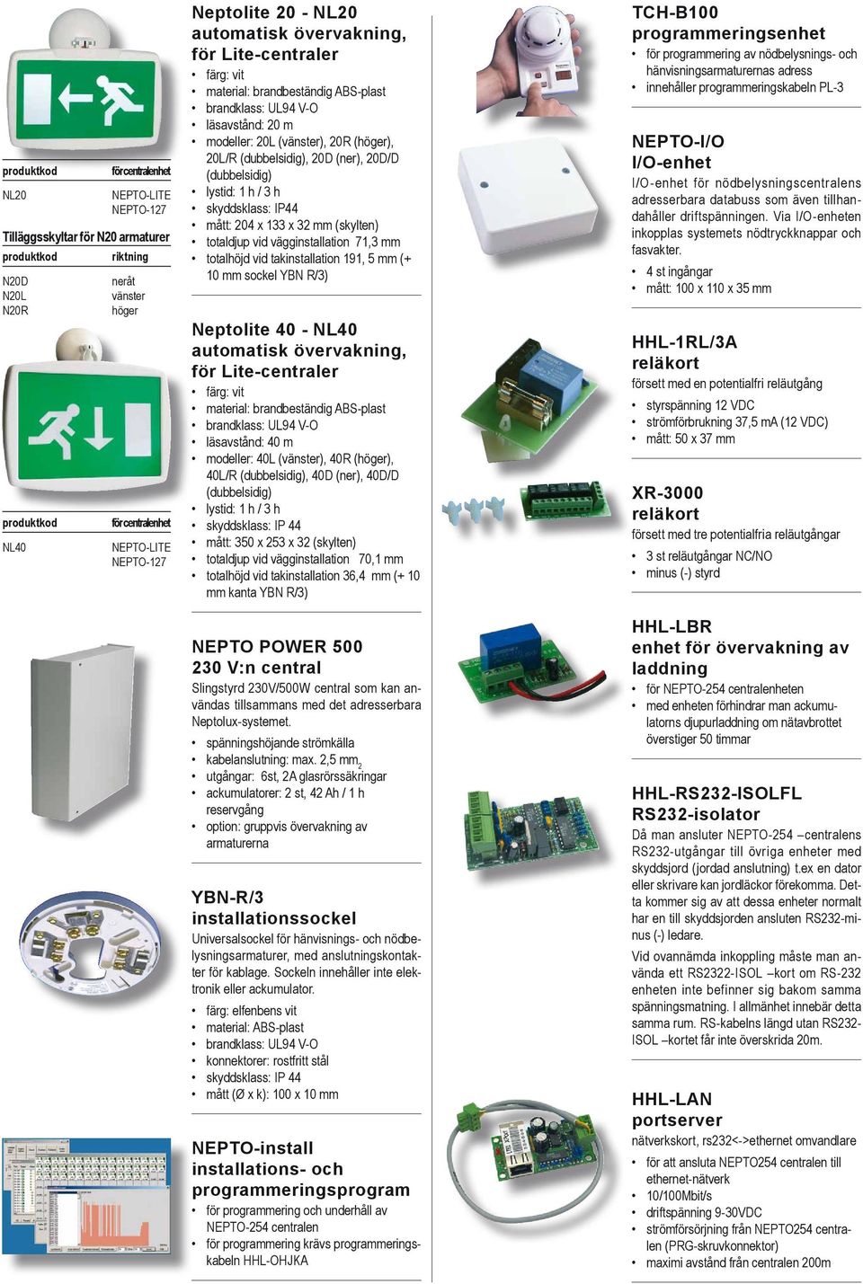 totaldjup vid vägginstallation 71,3 mm totalhöjd vid takinstallation 191, 5 mm (+ 10 mm sockel YBN R/3) Neptolite 40 - NL40 automatisk övervakning, för Lite-centraler brandklass: UL94 V-O läsavstånd: