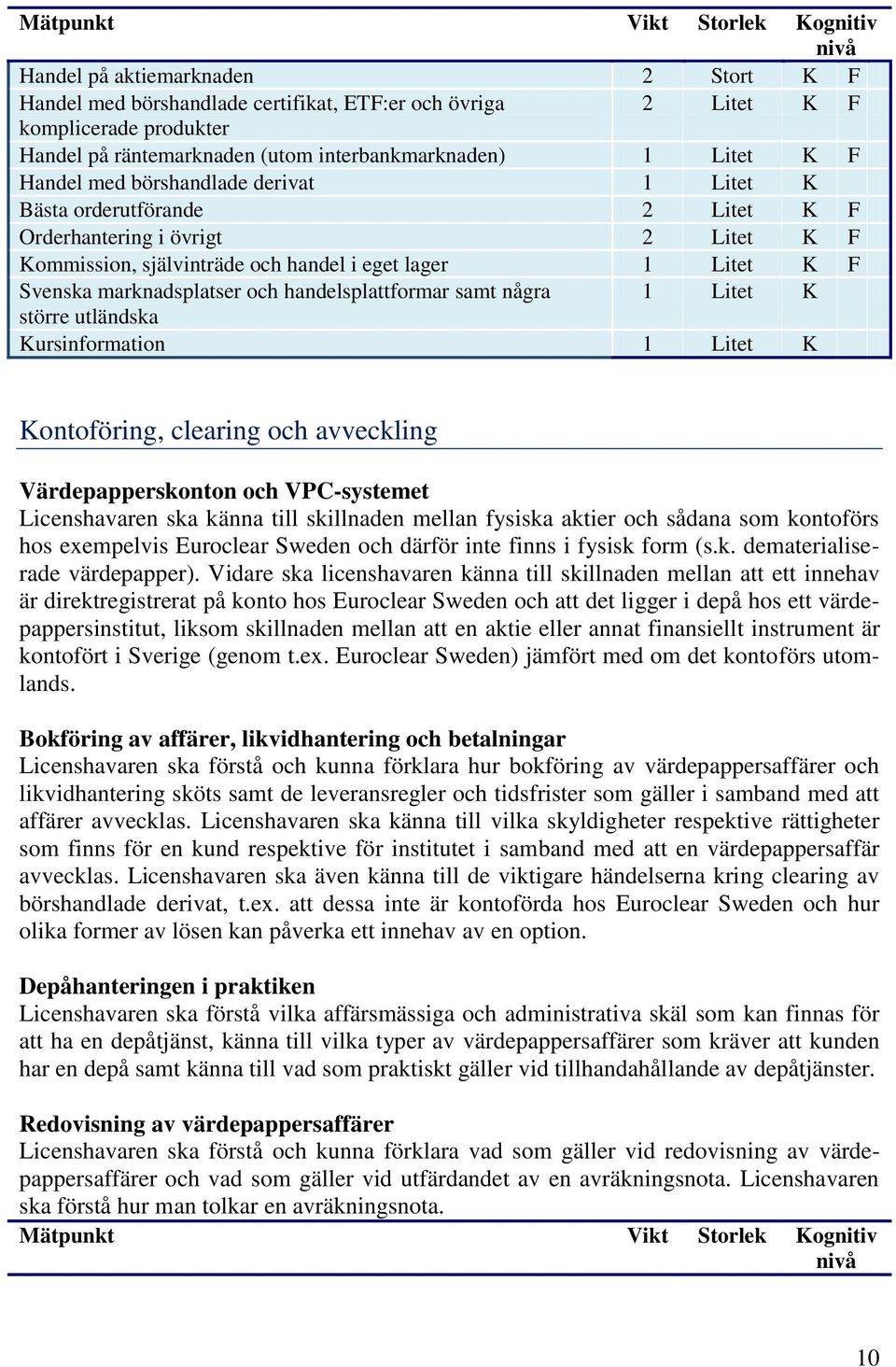 handelsplattformar samt några 1 Litet K större utländska Kursinformation 1 Litet K Kontoföring, clearing och avveckling Värdepapperskonton och VPC-systemet Licenshavaren ska känna till skillnaden