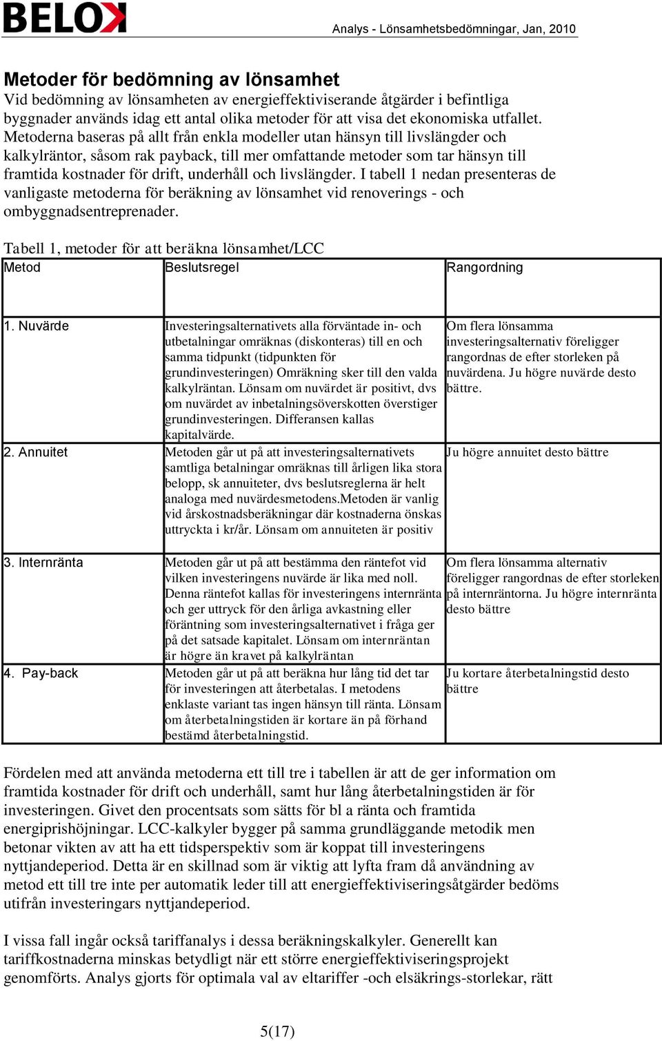 och livslängder. I tabell 1 nedan presenteras de vanligaste metoderna för beräkning av lönsamhet vid renoverings - och ombyggnadsentreprenader.