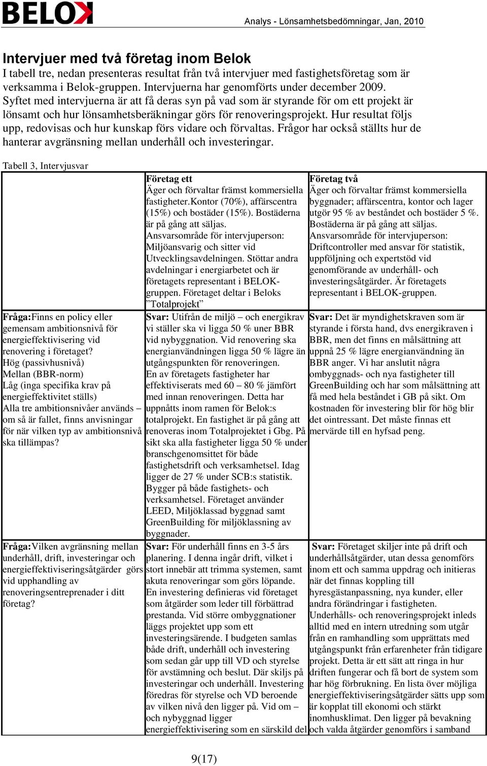 Syftet med intervjuerna är att få deras syn på vad som är styrande för om ett projekt är lönsamt och hur lönsamhetsberäkningar görs för renoveringsprojekt.