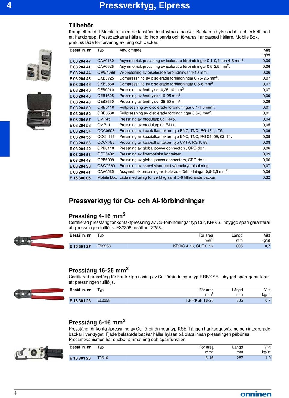 område E 08 204 47 OAA0160 Asyetrisk pressning av isolerade förbindningar 0,10,4 och 46 2. 0,06 E 08 204 41 OAA0525 Asyetrisk pressning av isolerade förbindningar 0,52,5 2.