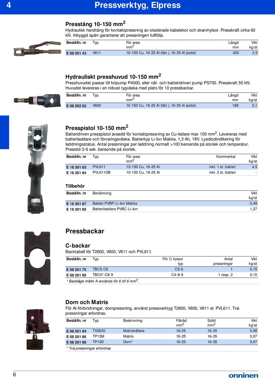 ), 1635 Al (solid) 425 2,5 Hydrauliskt presshuvud 10150 2 Presshuvudet passar till fotpump P4000, eller nät och batteridriven pump PS700. Presskraft 55 kn.