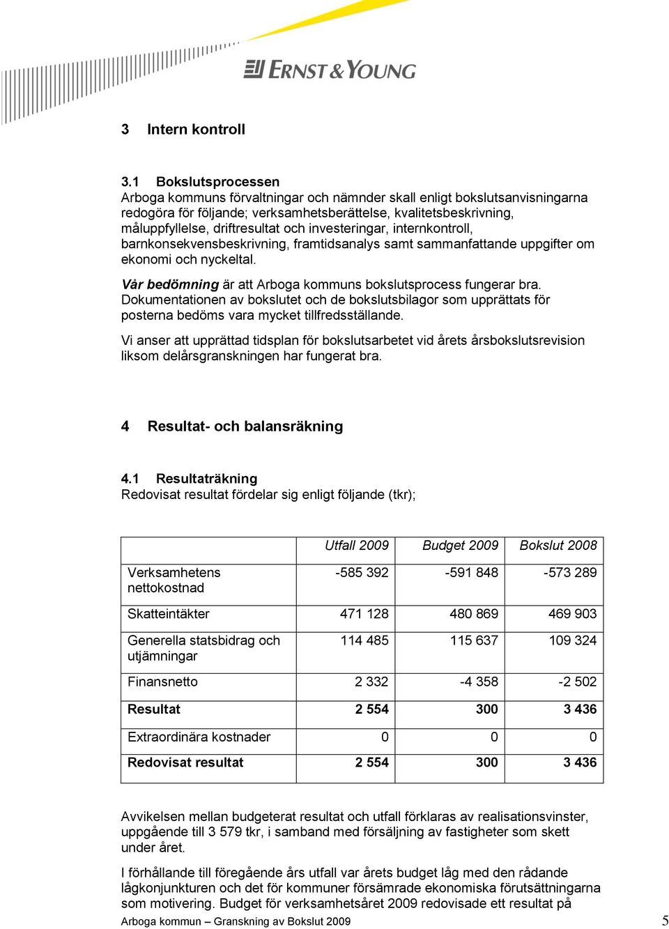 investeringar, internkontroll, barnkonsekvensbeskrivning, framtidsanalys samt sammanfattande uppgifter om ekonomi och nyckeltal. Vår bedömning är att Arboga kommuns bokslutsprocess fungerar bra.