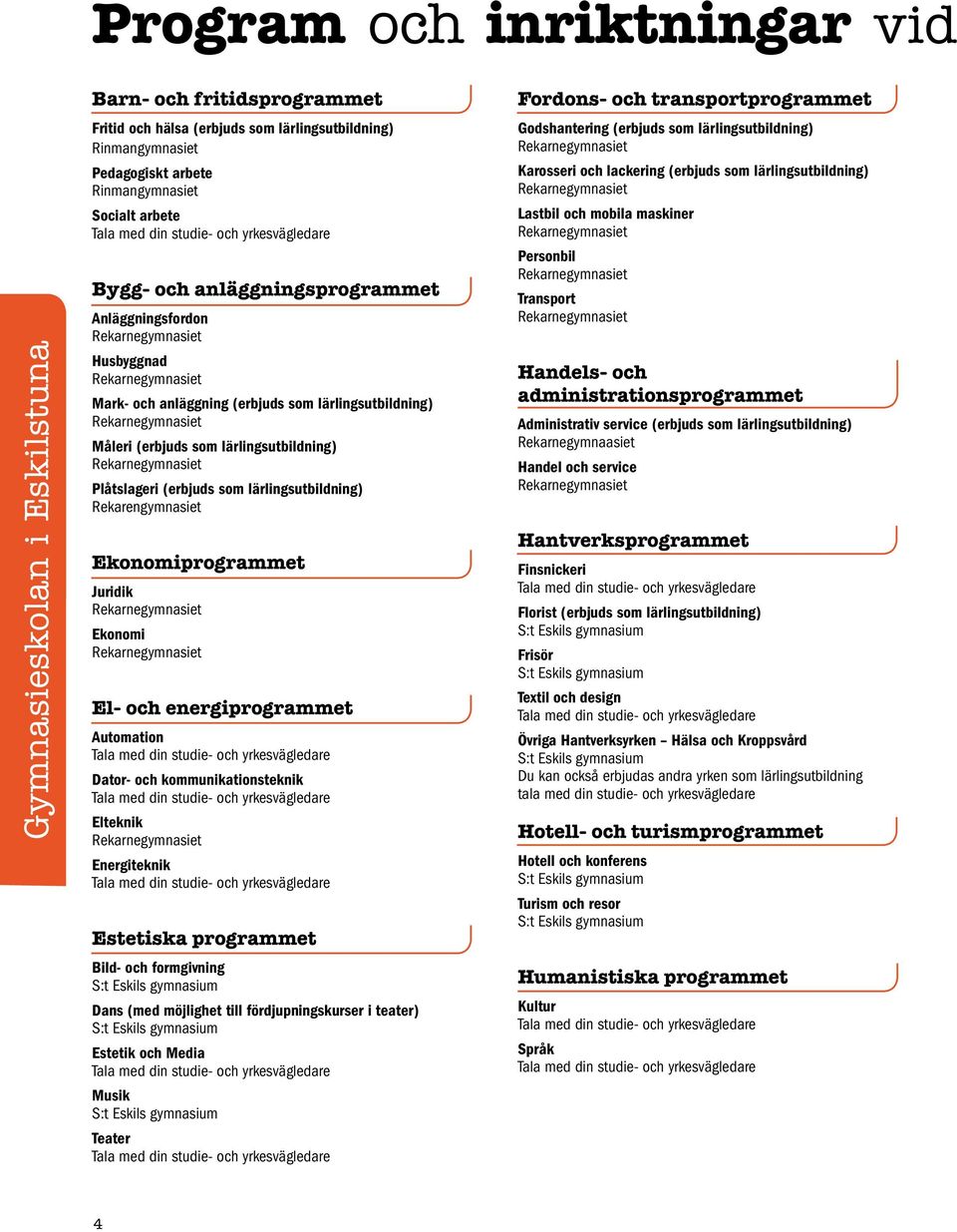 Ekonomi El- och energiprogrammet Automation Dator- och kommunikationsteknik Elteknik Energiteknik Estetiska programmet Bild- och formgivning Dans (med möjlighet till fördjupningskurser i teater)