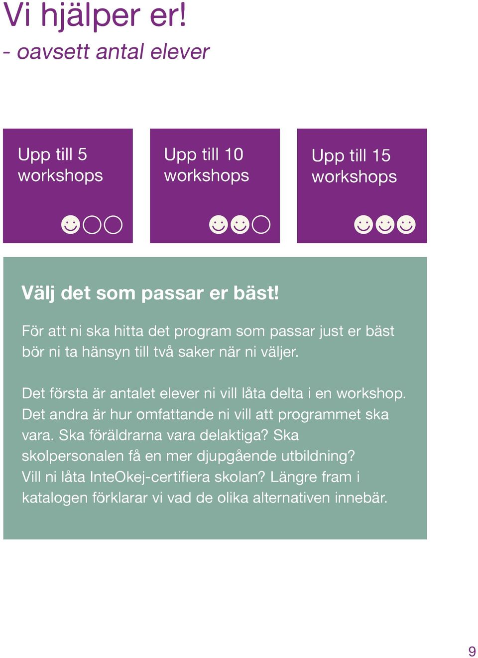 Det första är antalet elever ni vill låta delta i en workshop. Det andra är hur omfattande ni vill att programmet ska vara.