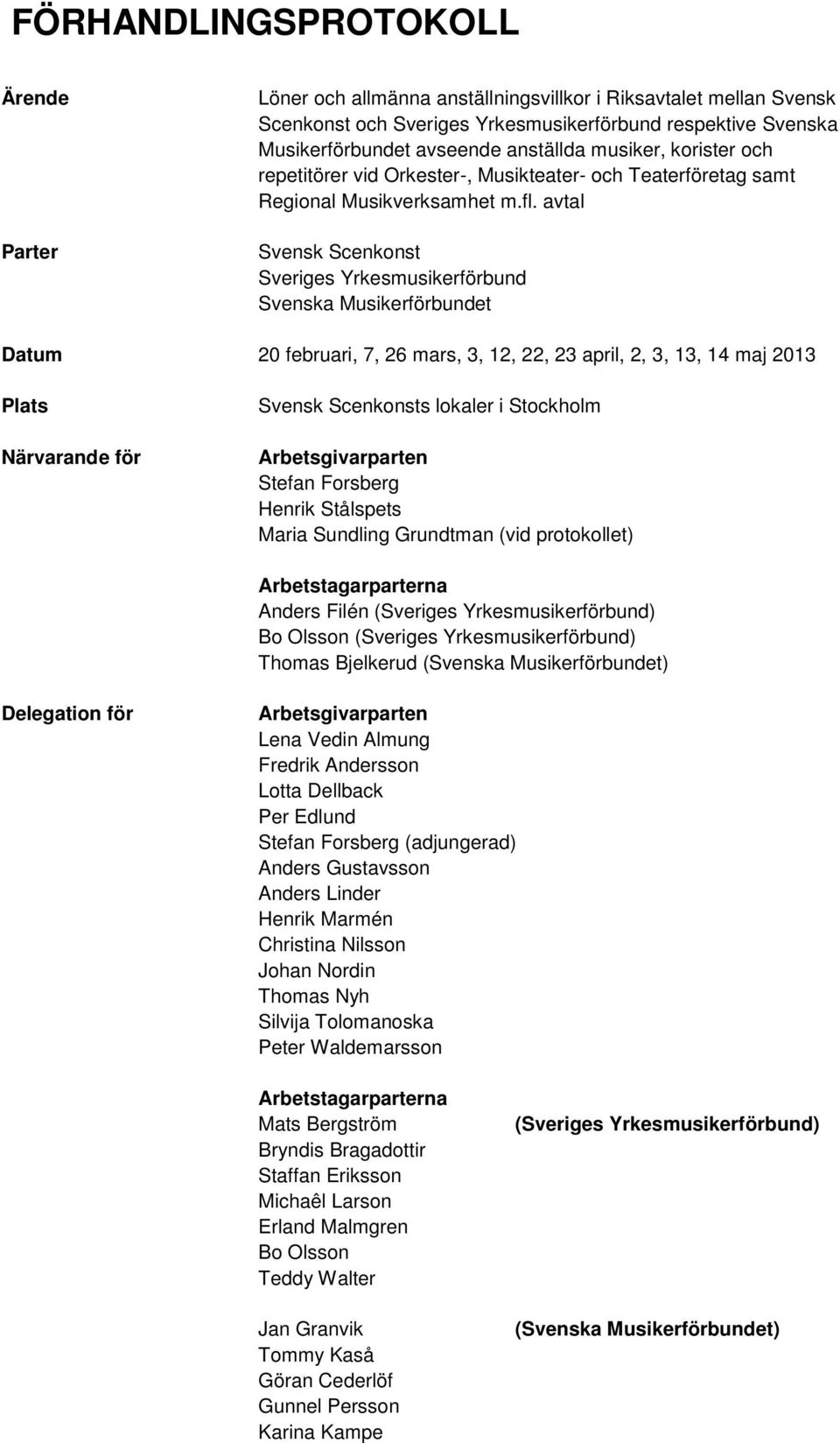 avtal Svensk Scenkonst Sveriges Yrkesmusikerförbund Svenska Musikerförbundet Datum 20 februari, 7, 26 mars, 3, 12, 22, 23 april, 2, 3, 13, 14 maj 2013 Plats Närvarande för Svensk Scenkonsts lokaler i