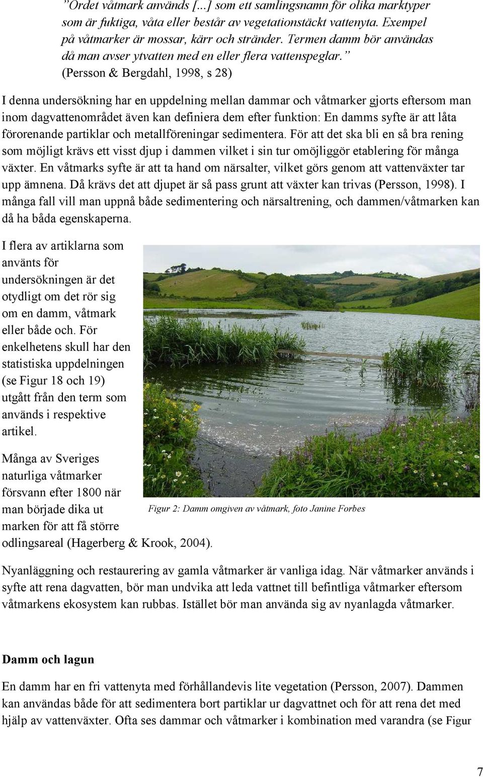 (Persson & Bergdahl, 1998, s 28) I denna undersökning har en uppdelning mellan dammar och våtmarker gjorts eftersom man inom dagvattenområdet även kan definiera dem efter funktion: En damms syfte är