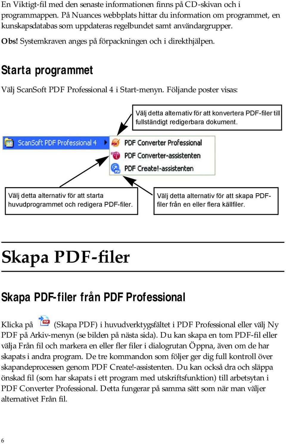 Starta programmet Välj ScanSoft PDF Professional 4 i Start-menyn. Följande poster visas: Välj detta alternativ för att konvertera PDF-filer till fullständigt redigerbara dokument.