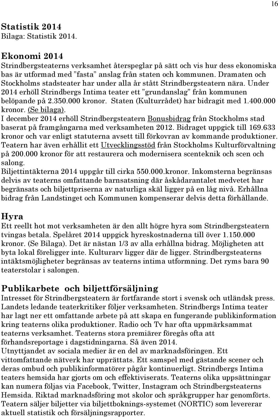 Staten (Kulturrådet) har bidragit med 1.400.000 kronor. (Se bilaga). I december 2014 erhöll Strindbergsteatern Bonusbidrag från Stockholms stad baserat på framgångarna med verksamheten 2012.
