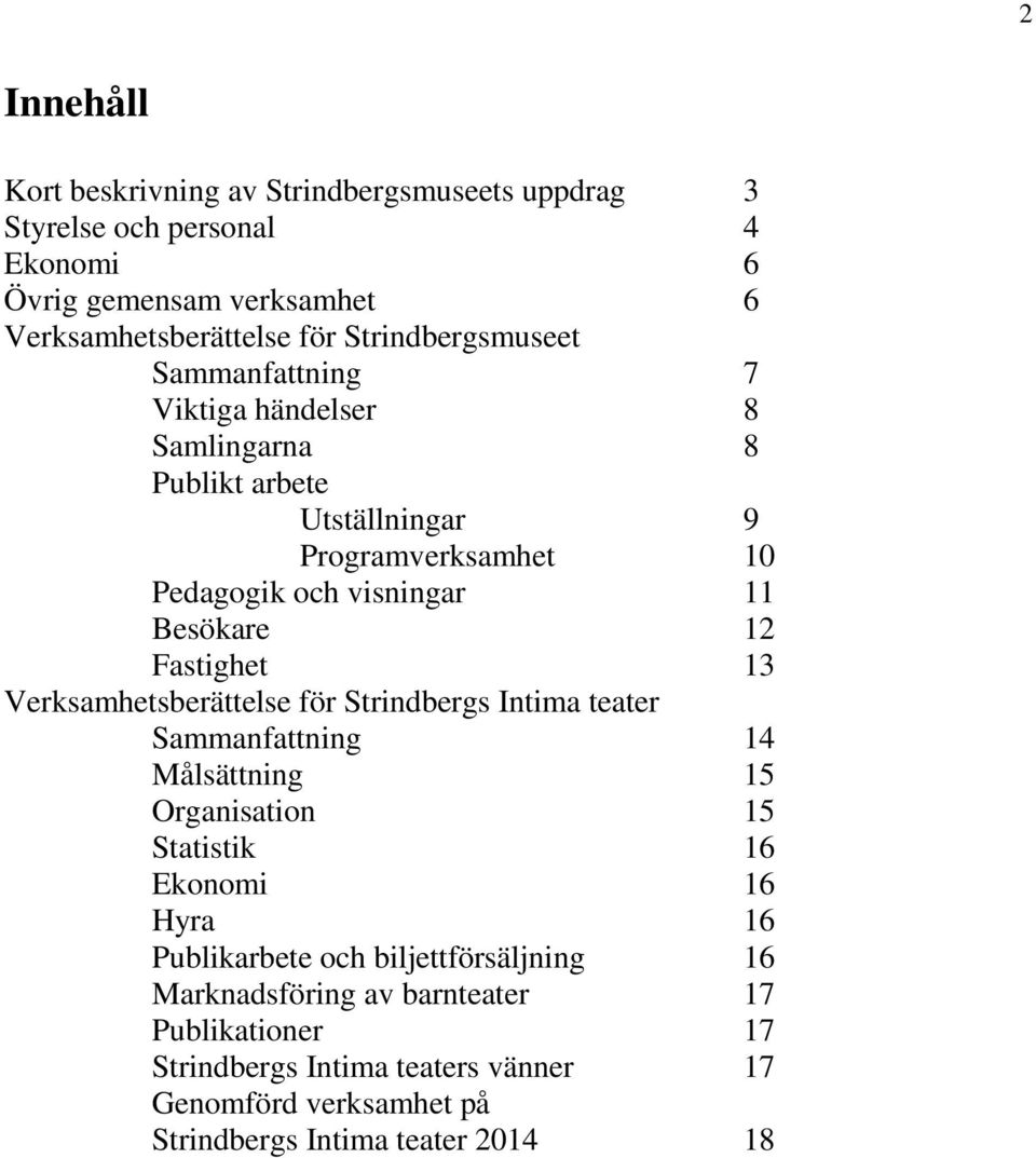 12 Fastighet 13 Verksamhetsberättelse för Strindbergs Intima teater Sammanfattning 14 Målsättning 15 Organisation 15 Statistik 16 Ekonomi 16 Hyra 16