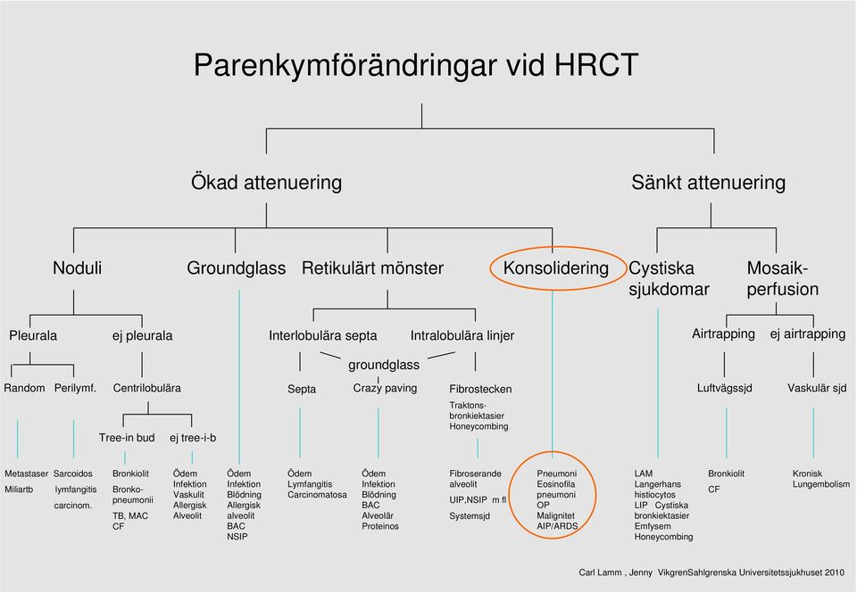 Centrilobulära Tree-in bud ej tree-i-b Septa Crazy paving Fibrostecken Luftvägssjd Vaskulär sjd Traktonsbronkiektasier Metastaser Sarcoidos Miliartb lymfangitis carcinom.