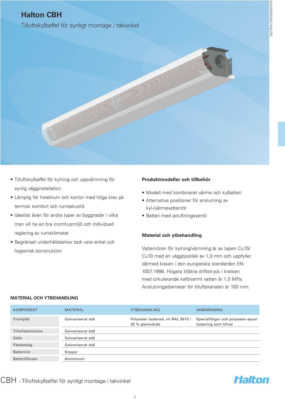 hygienisk konstruktion Produktmodeller och tillbehör Modell med kombinerat värme och kylbatteri Alternativa positioner för anslutning av kyl-/värmevattenrör Batteri med avluftningsventil Material och