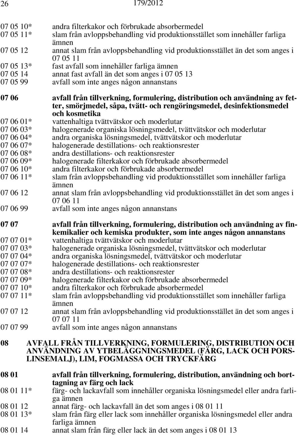 06 avfall från tillverkning, formulering, distribution och användning av fetter, smörjmedel, såpa, tvätt- och rengöringsmedel, desinfektionsmedel och kosmetika 07 06 01* vattenhaltiga tvättvätskor