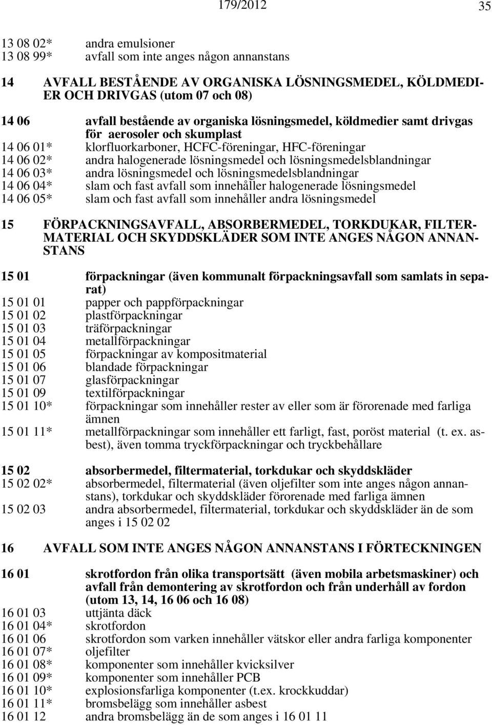 lösningsmedelsblandningar 14 06 03* andra lösningsmedel och lösningsmedelsblandningar 14 06 04* slam och fast avfall som innehåller halogenerade lösningsmedel 14 06 05* slam och fast avfall som