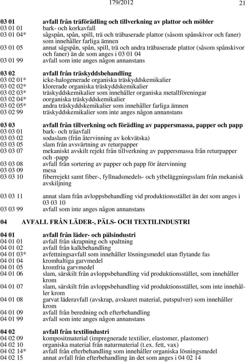 annanstans 03 02 avfall från träskyddsbehandling 03 02 01* icke-halogenerade organiska träskyddskemikalier 03 02 02* klorerade organiska träskyddskemikalier 03 02 03* träskyddskemikalier som