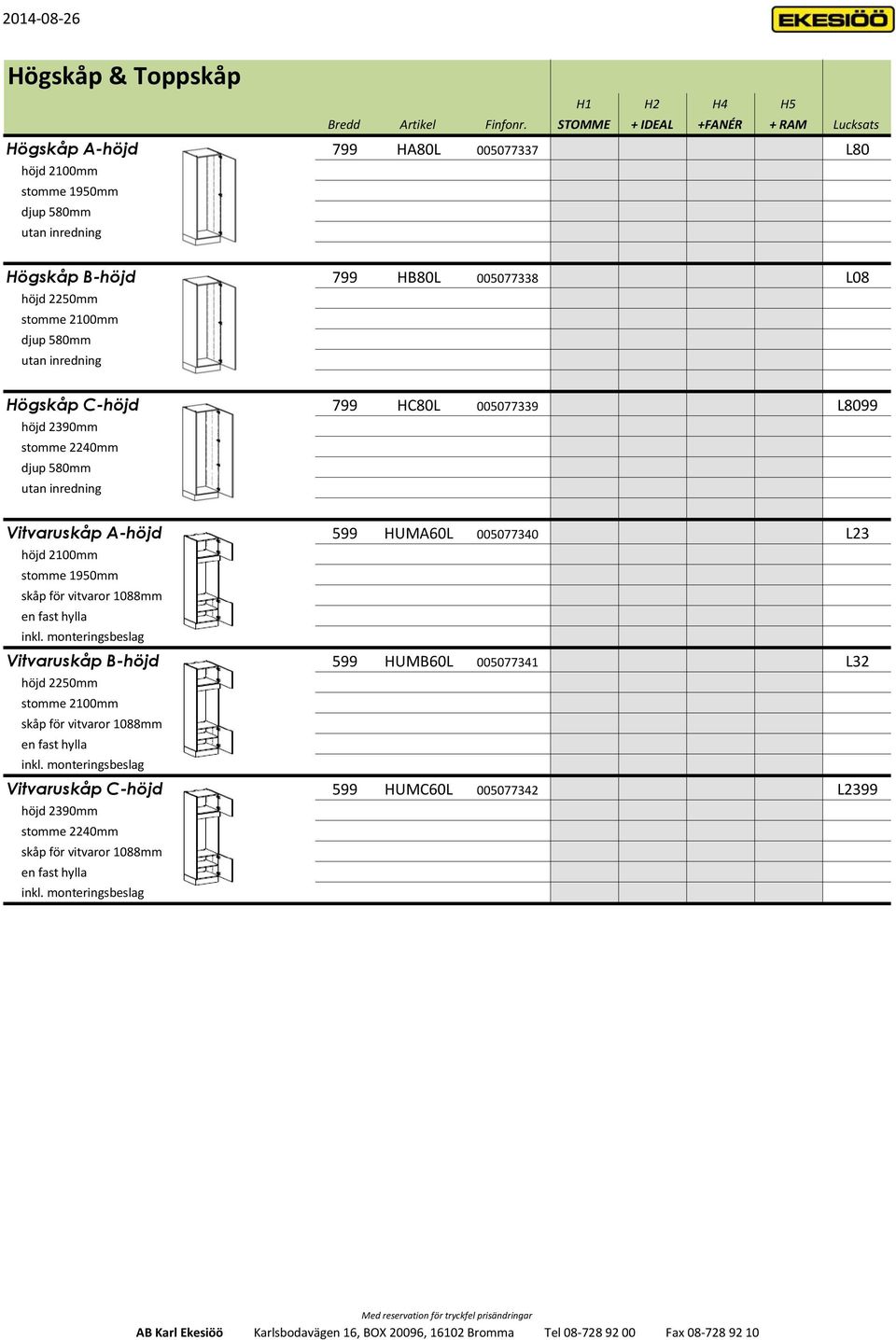 2100mm djup 580mm utan inredning Högskåp C-höjd 799 HC80L 005077339 L8099 höjd 2390mm stomme 2240mm djup 580mm utan inredning Vitvaruskåp A-höjd 599 HUMA60L 005077340 L23 höjd 2100mm stomme