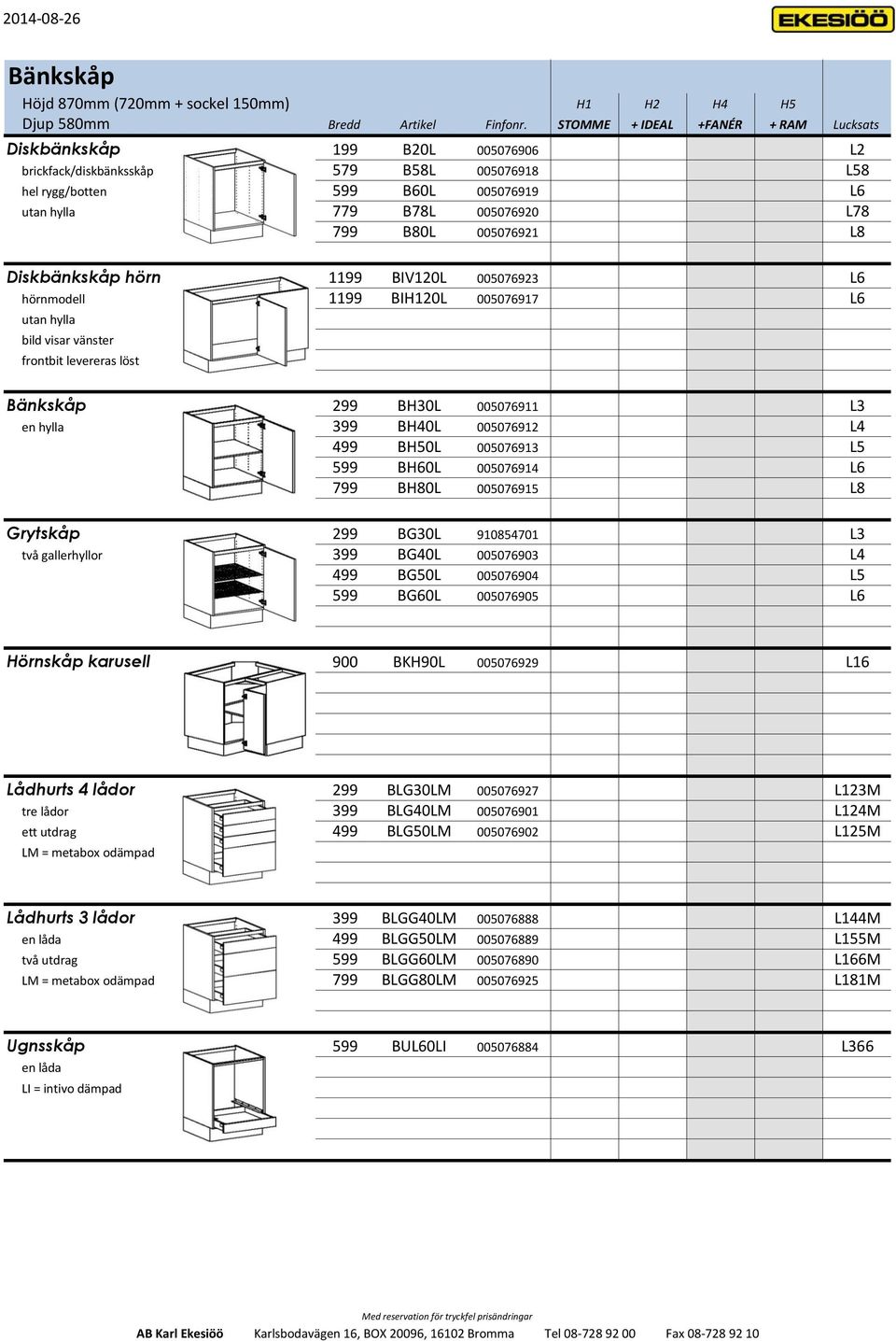 005076921 L8 Diskbänkskåp hörn 1199 BIV120L 005076923 L6 hörnmodell 1199 BIH120L 005076917 L6 utan hylla bild visar vänster frontbit levereras löst Bänkskåp 299 BH30L 005076911 L3 en hylla 399 BH40L