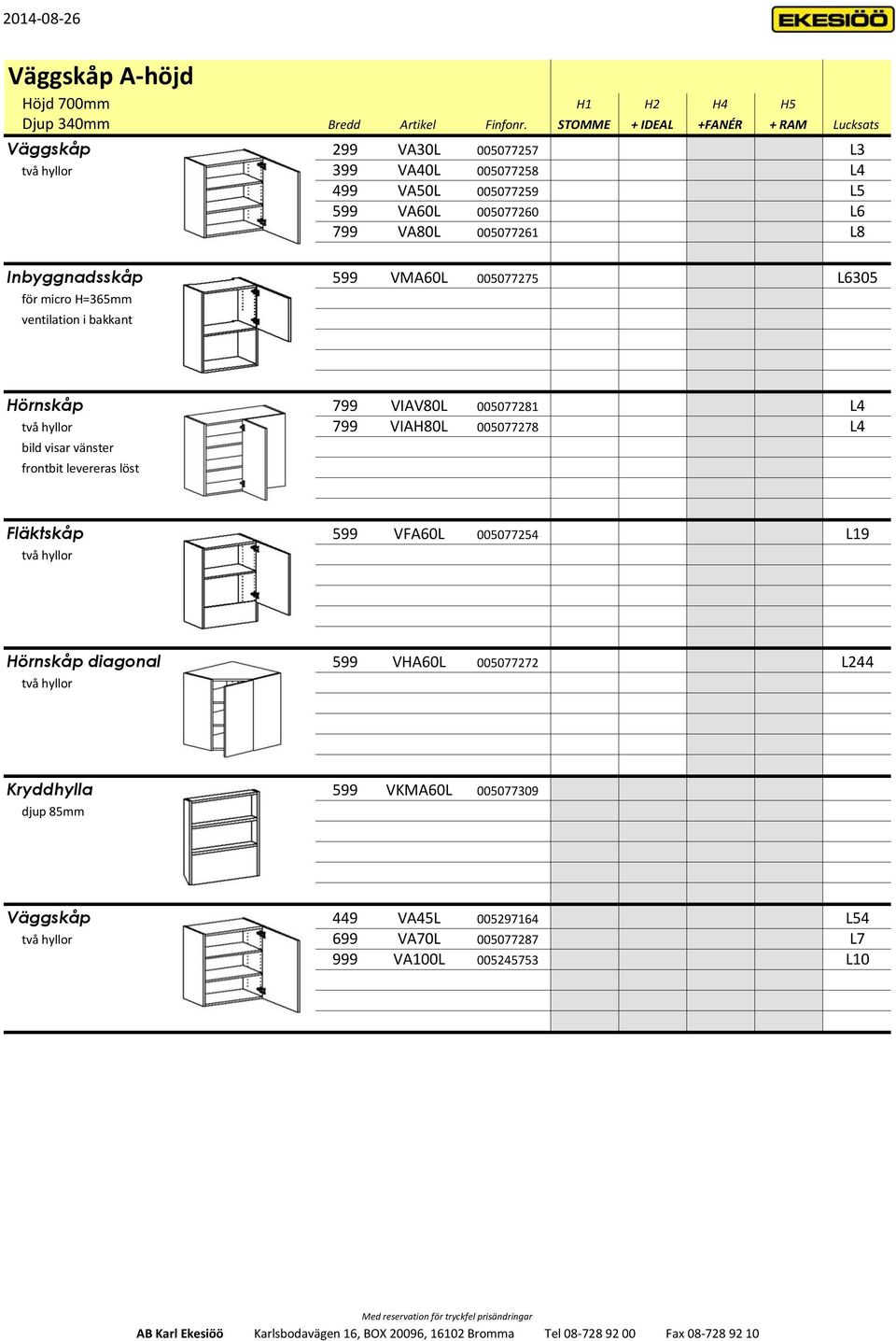 L8 Inbyggnadsskåp 599 VMA60L 005077275 L6305 för micro H=365mm ventilation i bakkant Hörnskåp 799 VIAV80L 005077281 L4 två hyllor 799 VIAH80L 005077278 L4 bild visar