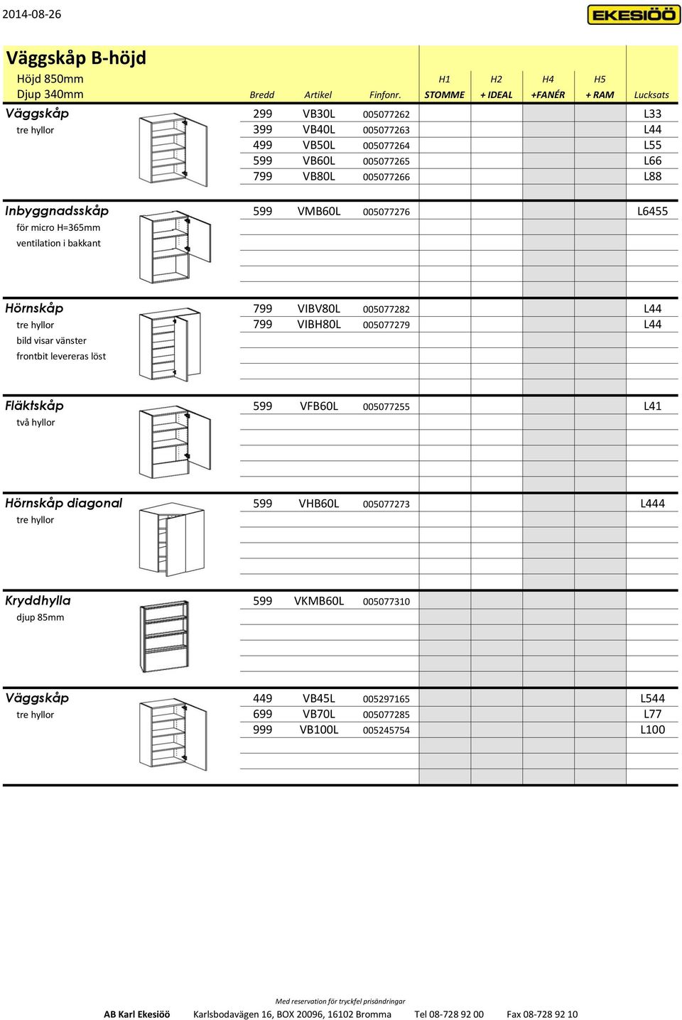 005077266 L88 Inbyggnadsskåp 599 VMB60L 005077276 L6455 för micro H=365mm ventilation i bakkant Hörnskåp 799 VIBV80L 005077282 L44 tre hyllor 799 VIBH80L 005077279 L44