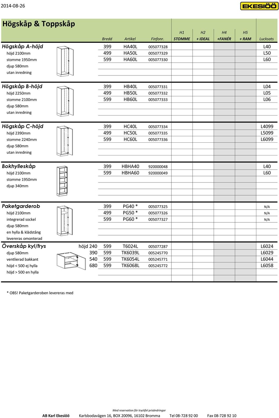 HB40L 005077331 L04 höjd 2250mm 499 HB50L 005077332 L05 stomme 2100mm 599 HB60L 005077333 L06 djup 580mm utan inredning Högskåp C-höjd 399 HC40L 005077334 L4099 höjd 2390mm 499 HC50L 005077335 L5099