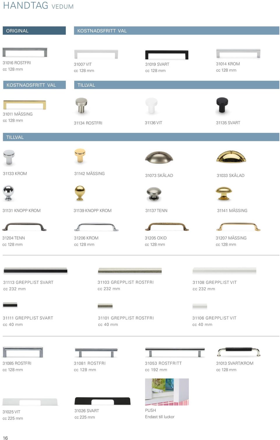 cc 128 mm 31207 MÄSSING cc 128 mm 31113 GREPPLIST SVART cc 232 mm 31103 GREPPLIST ROSTFRI cc 232 mm 31108 GREPPLIST VIT cc 232 mm 31111 GREPPLIST SVART cc 40 mm 31101 GREPPLIST ROSTFRI cc 40 mm