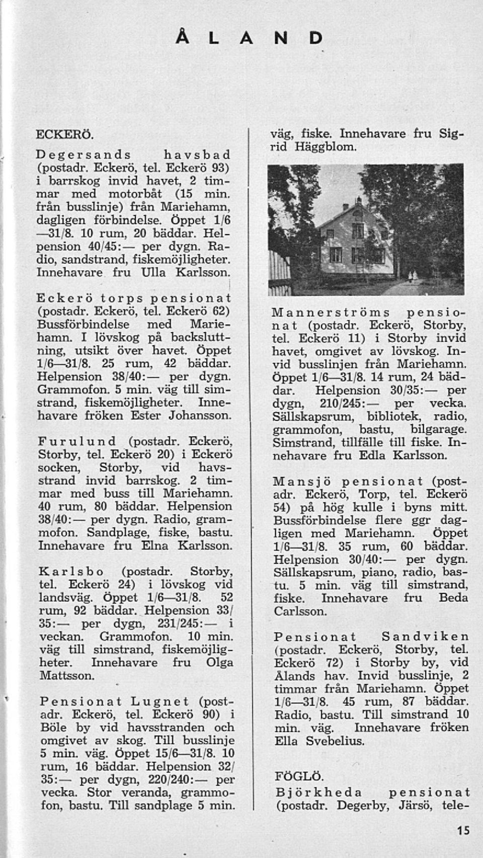 I lövskog på backsluttning, utsikt över havet. Öppet 1/631/8. 25 rum, 42 bäddar. Helpension per dygn. 38/40: Grammofon. 5 min. väg till simstrand, fiskemöjligheter. Innehavare fröken Ester Johansson.