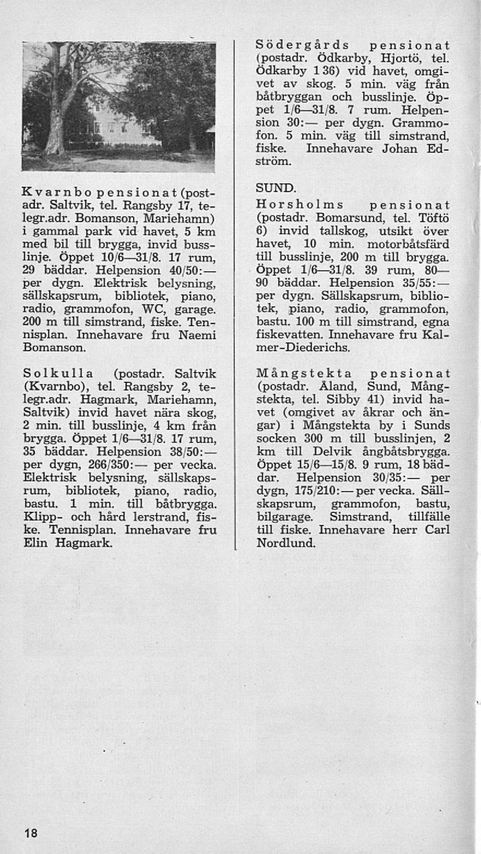 17 rum, 29 bäddar. Helpension 40/50: per dygn. Elektrisk belysning, sällskapsrum, bibliotek, piano, radio, grammofon, WC, garage. 200 m till simstrand, fiske. Tennisplan.