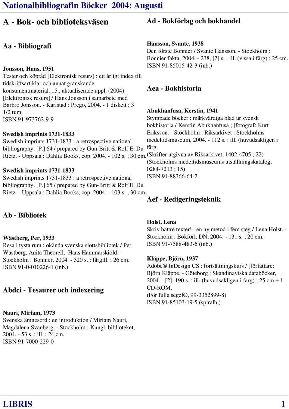 ISBN 91-973762-9-9 Swedish imprints 1731-1833 Swedish imprints 1731-1833 : a retrospective national bibliography. [P.] 64 / prepared by Gun-Britt & Rolf E. Du Rietz. - Uppsala : Dahlia Books, cop.